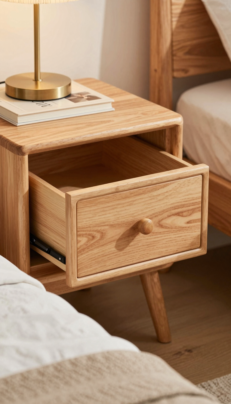 Small side table with a drawer next to a made bed, with a lamp and books on top
