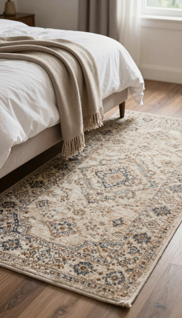 Area rug at the foot of a made bed, with a folded throw blanket draped over the end