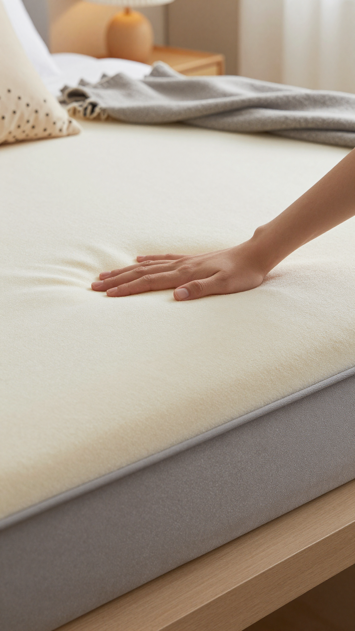 Close-up of a plush memory foam mattress topper on a bed with a hand pressing into it