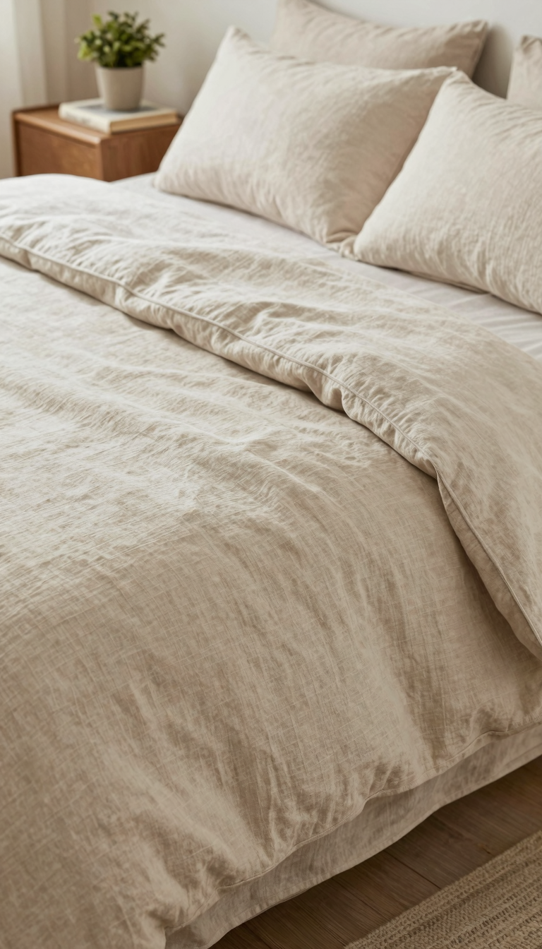 Flat lay of a neutral linen bedding set on a made bed with a folded throw blanket