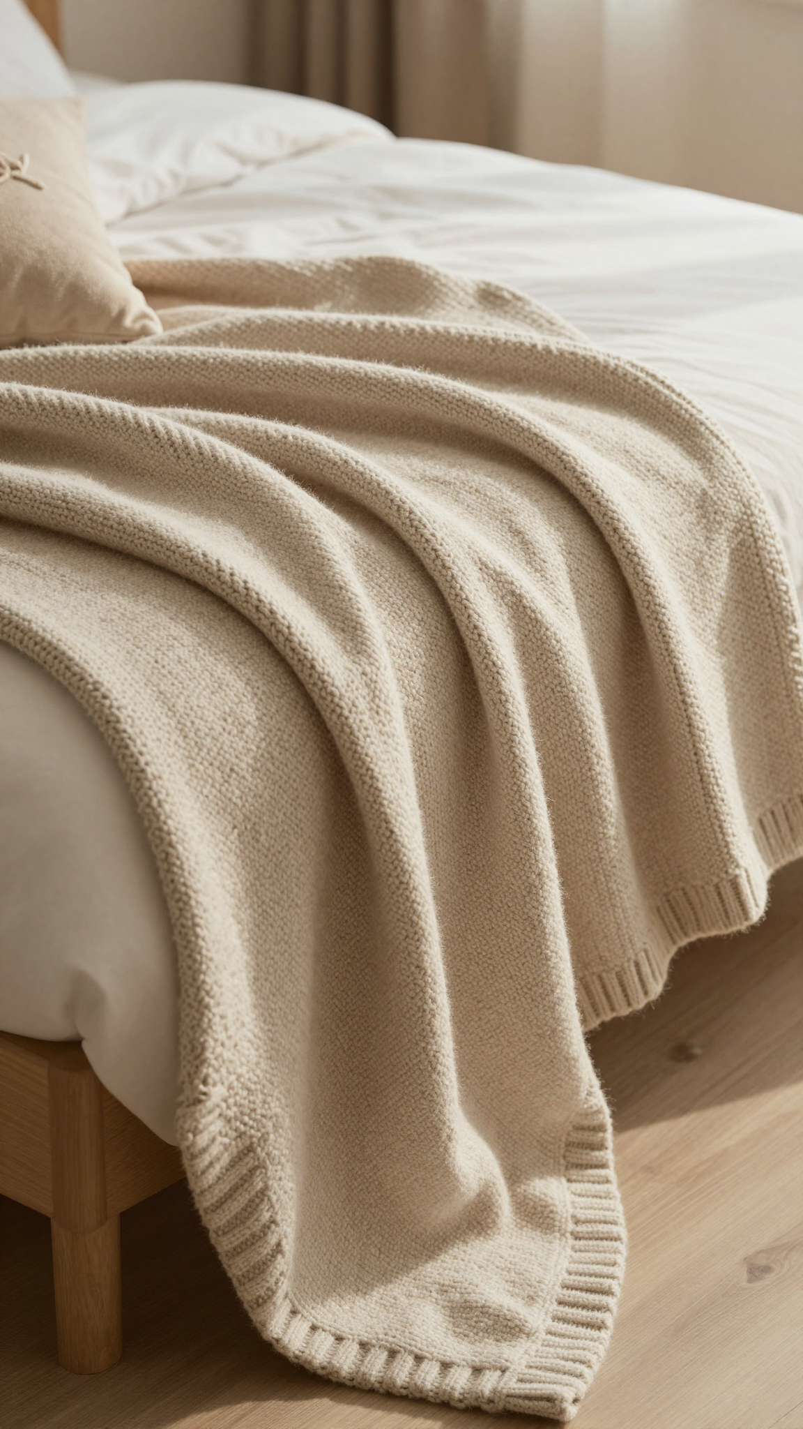 Chunky knit throw blanket draped over the foot of a made bed