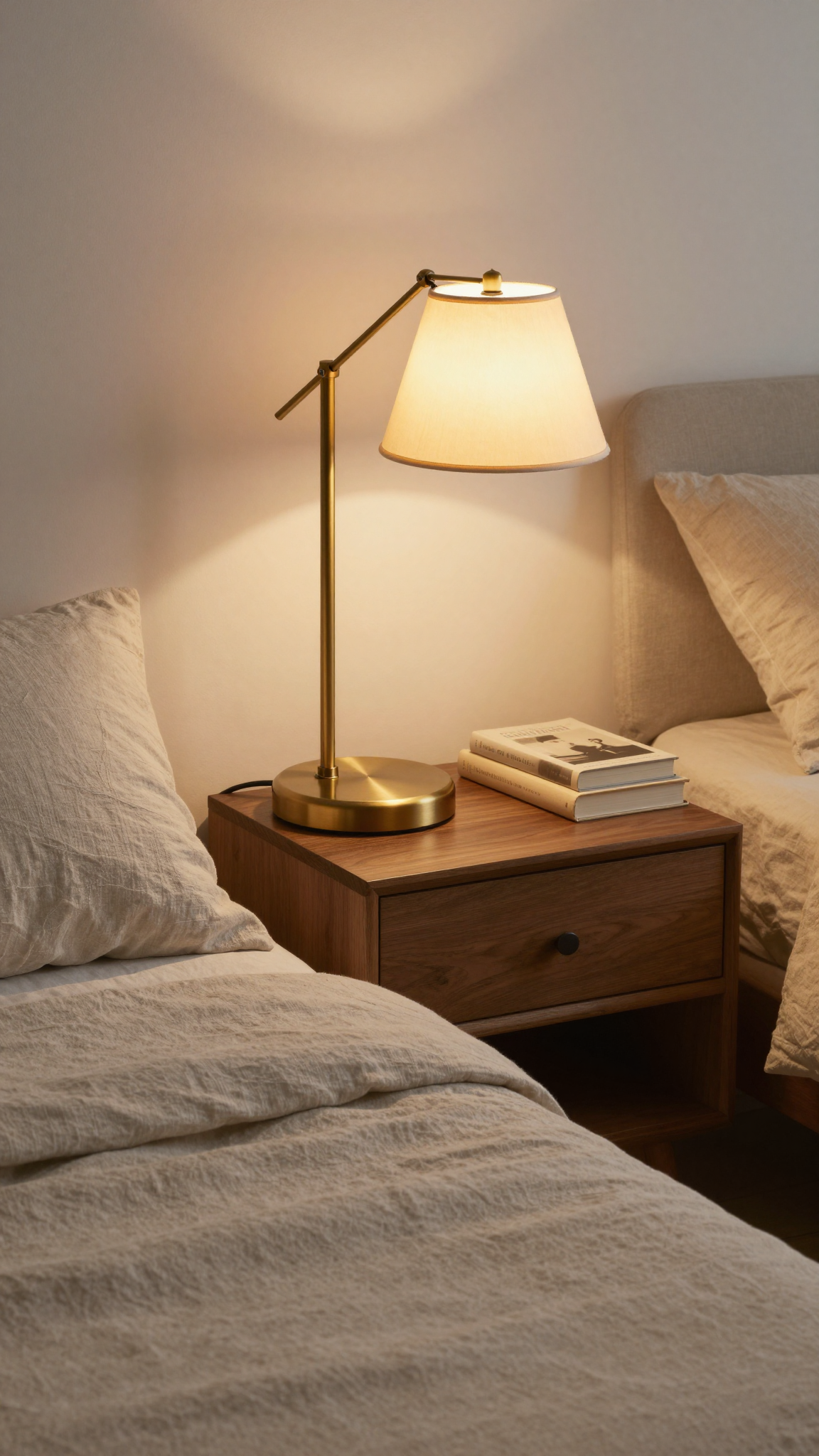 Warm table lamp on a nightstand next to a made bed, casting a soft glow