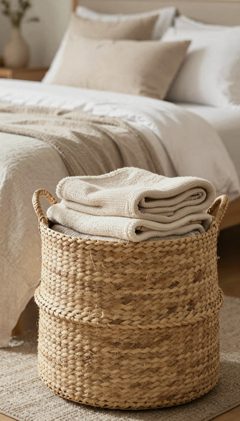 Woven seagrass storage basket at the foot of a made bed, filled with folded throw blankets