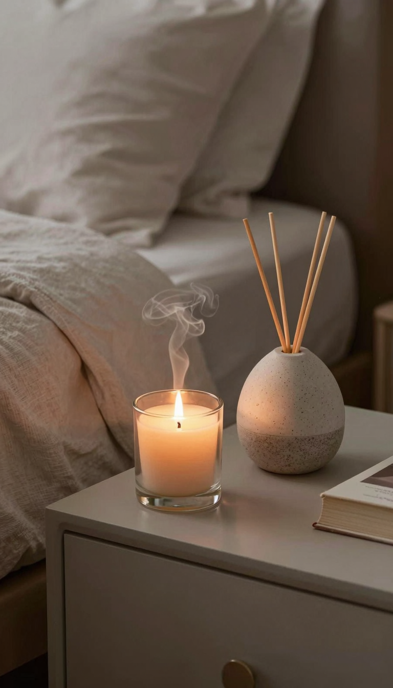 Small scented candle on a nightstand next to a made bed, casting a warm glow