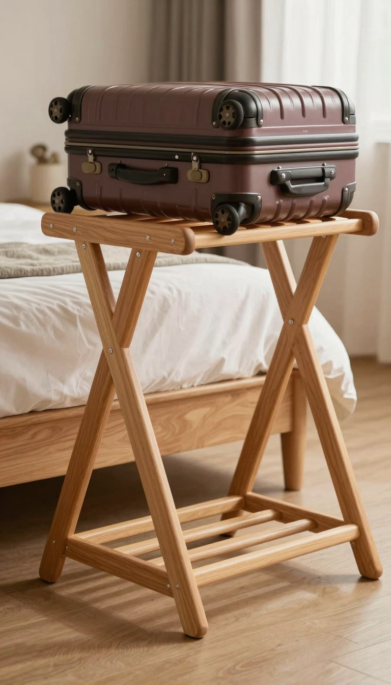 Foldable wooden luggage rack with a suitcase on top, placed next to a made bed