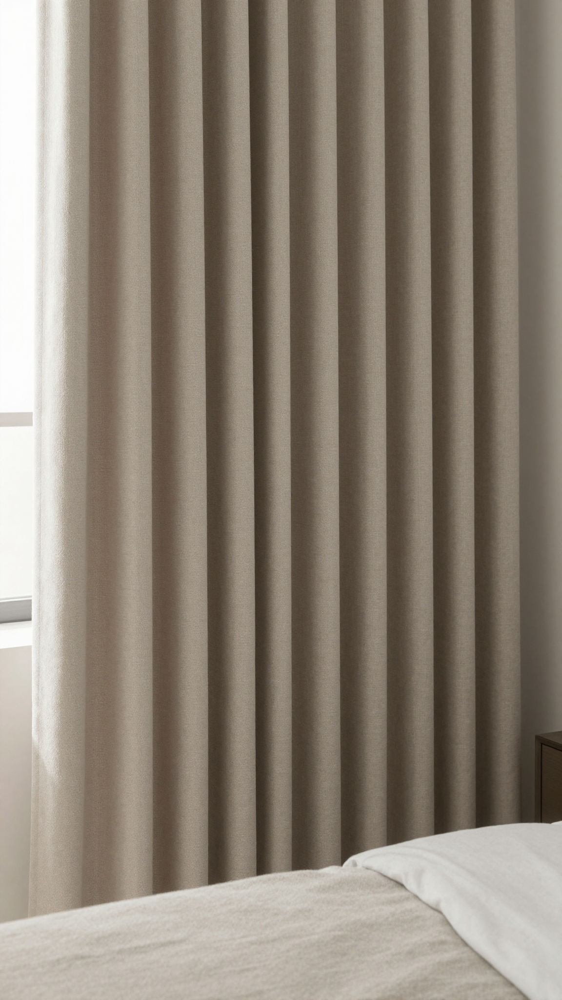Made bed in a guest room with blackout curtains drawn closed, blocking out all light