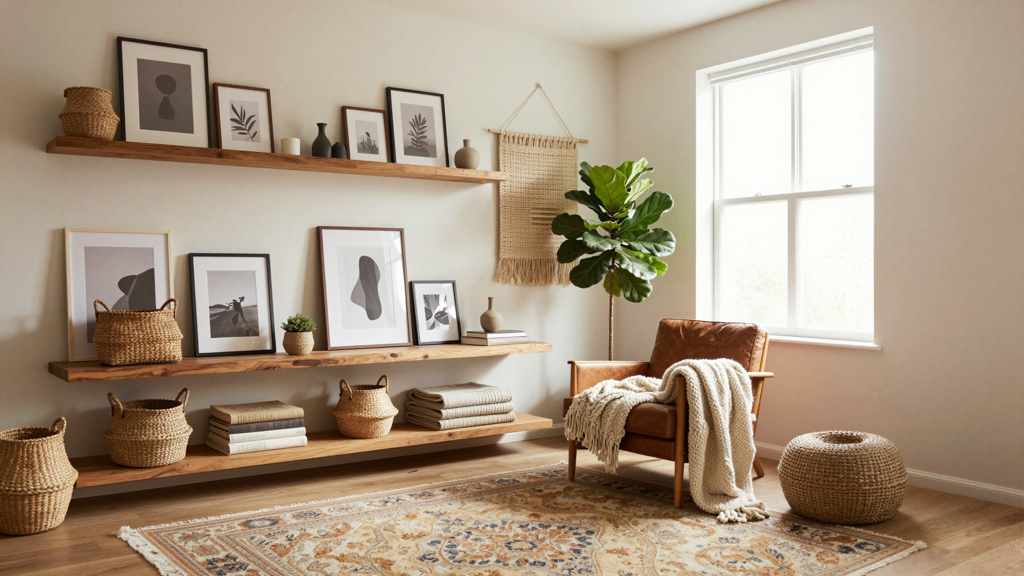 Cozy living room with a large blank wall decorated with framed art, woven baskets, and a chunky knit throw, featuring warm oak shelves and natural lighting