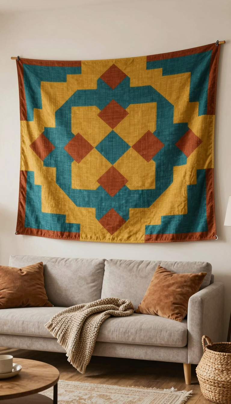 Large tapestry with a geometric pattern in bold colors hung above a sofa in a vibrant living room