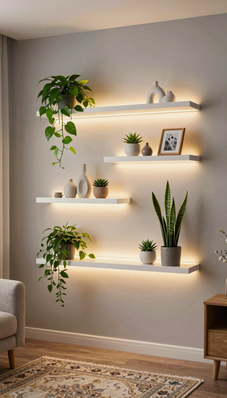 Three floating ledges with potted plants and decor in a cozy living room