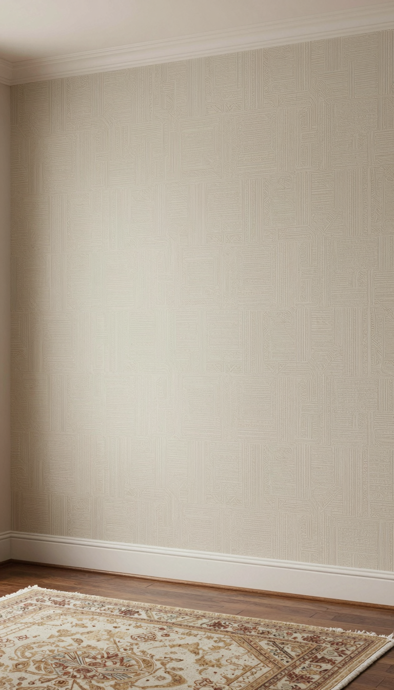 Peel-and-stick wallpaper with a geometric pattern in warm neutrals applied to a large wall