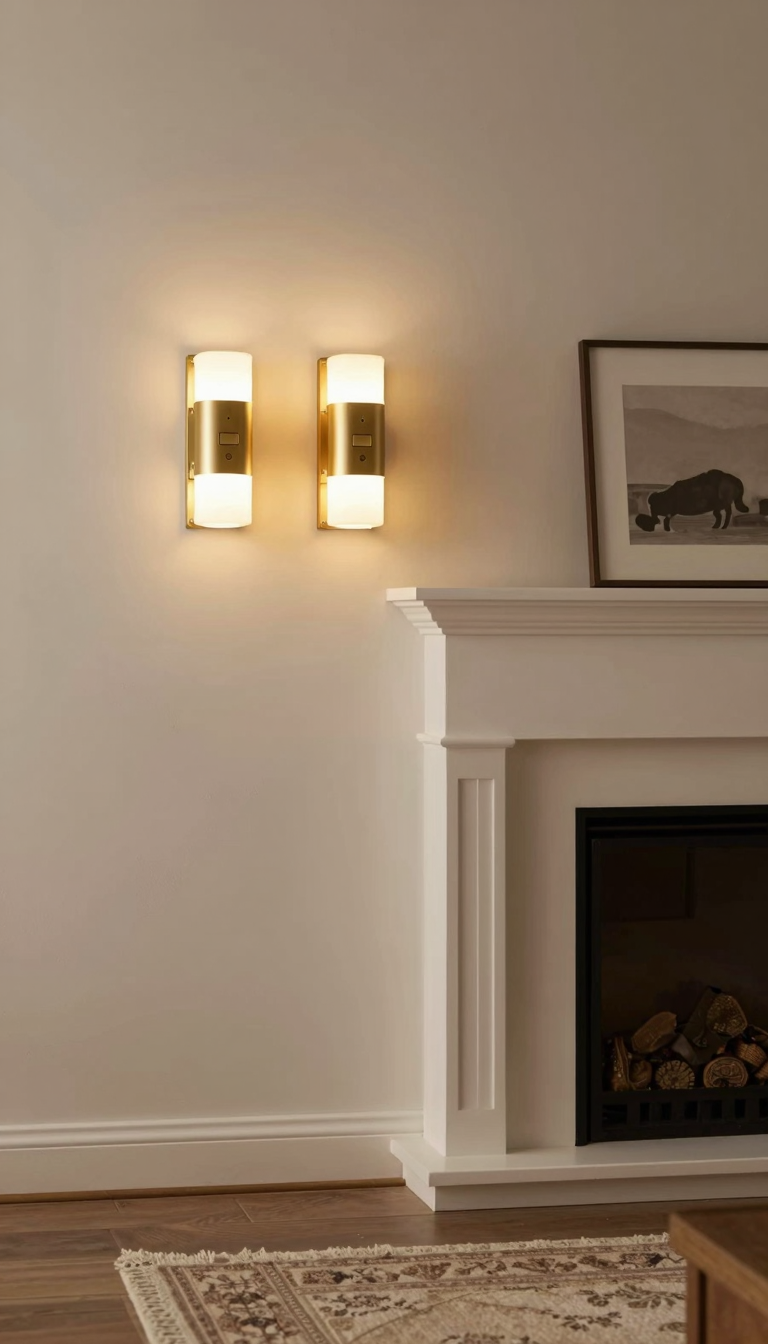 Pair of plug-in sconces with warm brass finishes hung on either side of a fireplace