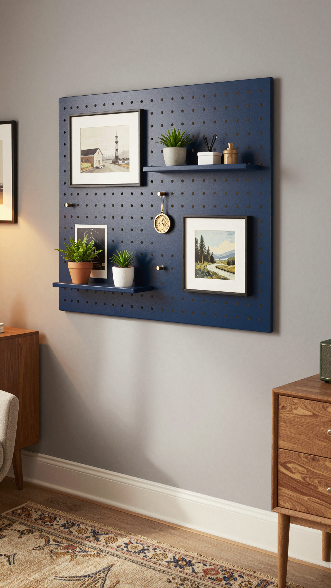 DIY pegboard organizer with framed art and small plants in a cozy home office