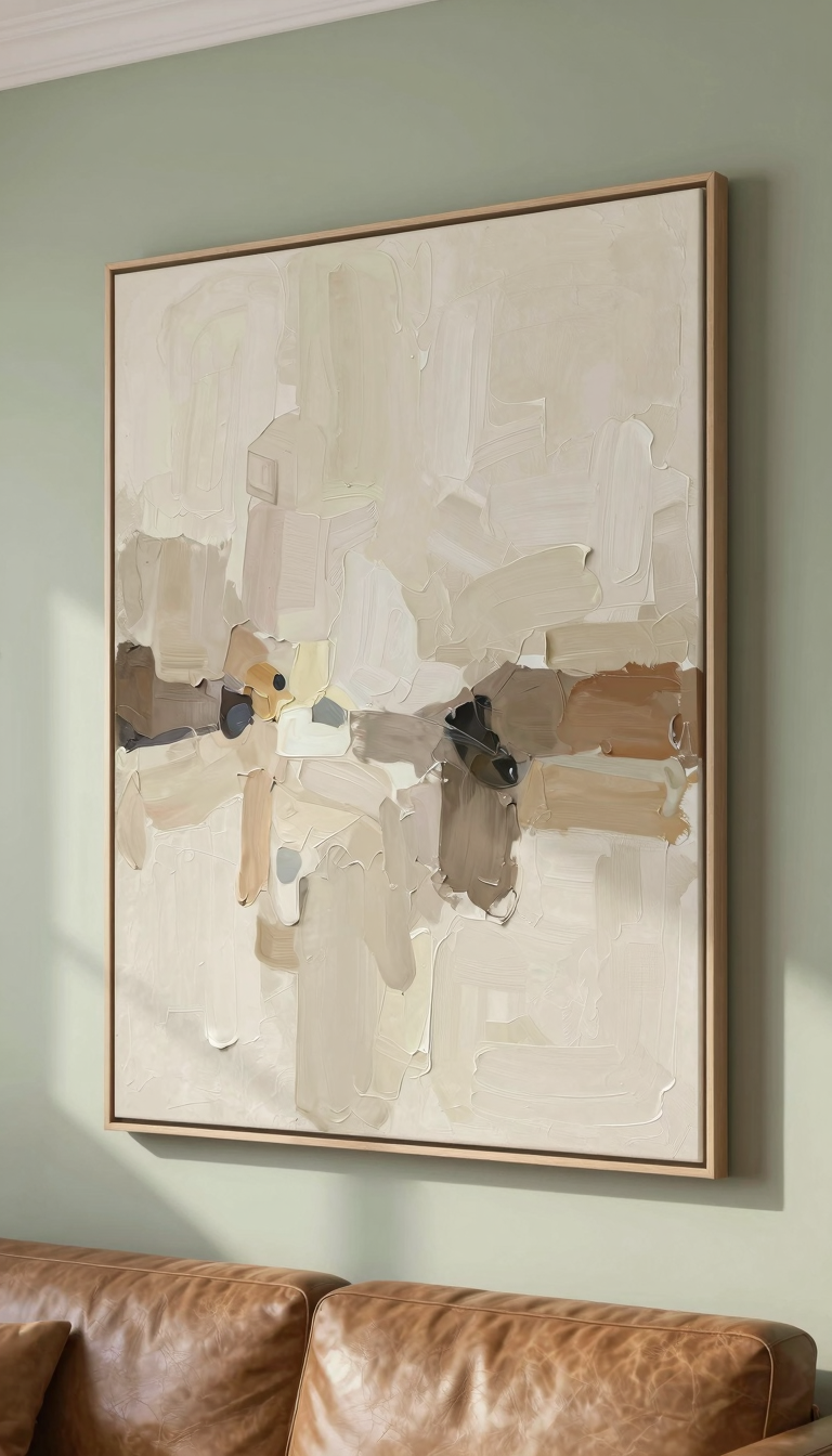 Oversized abstract canvas with textured brushstrokes in warm neutrals hanging above a leather sofa