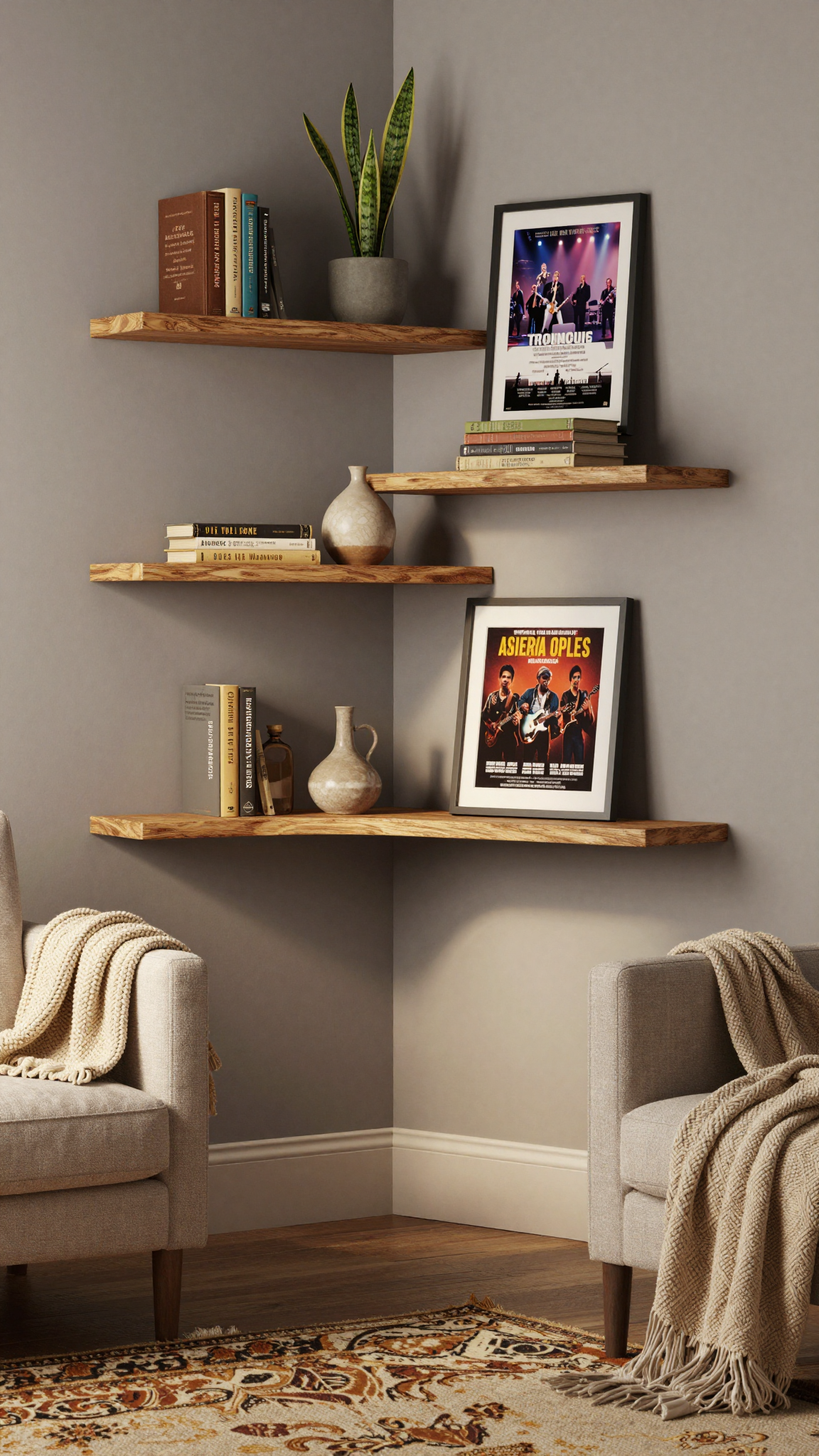 Three staggered floating wood shelves with books, a potted plant, and a framed poster in a cozy living room