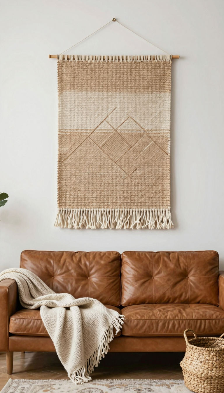 Large woven wall hanging in natural jute and wool tones hung above a leather sofa