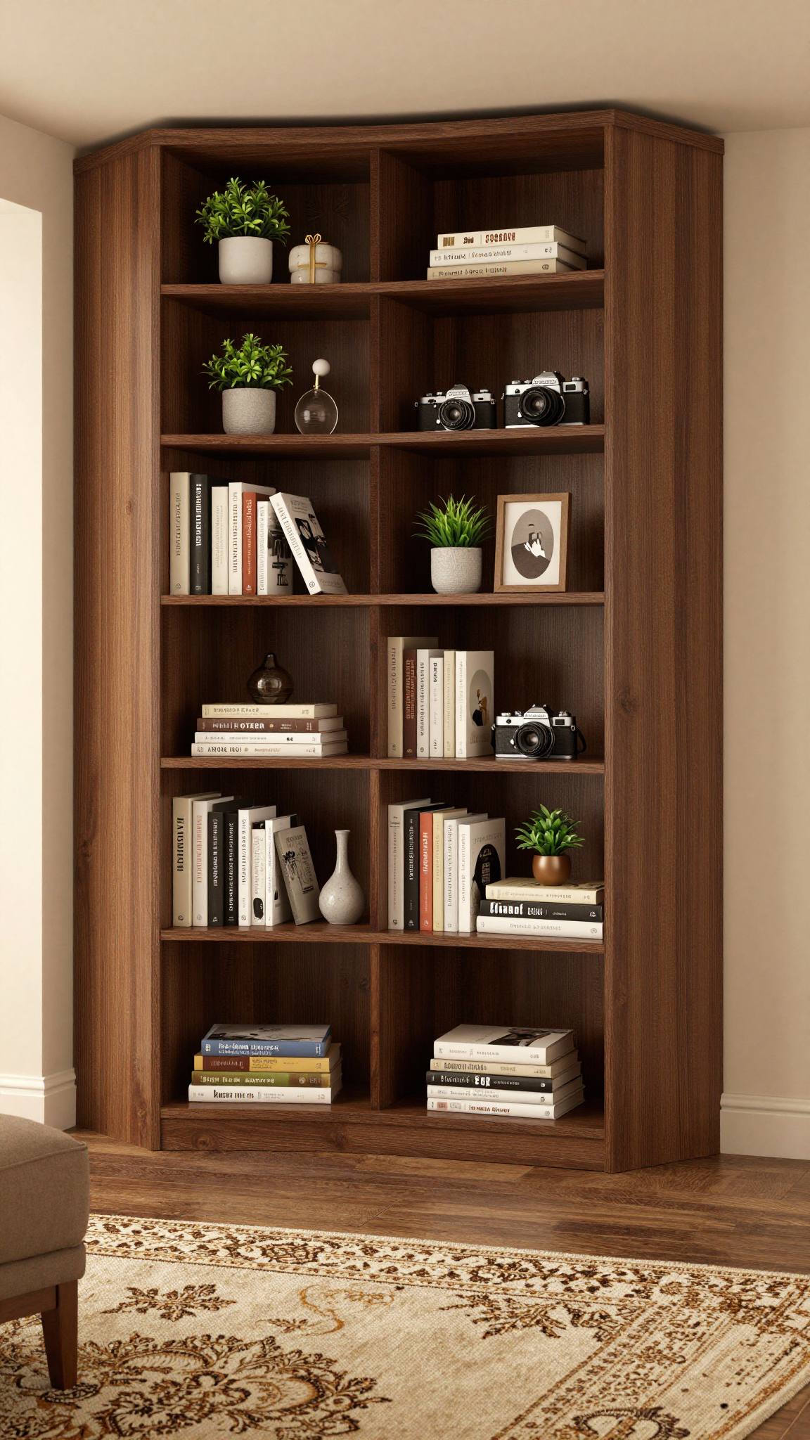 Floor-to-ceiling bookcase in espresso finish filled with books and decor in a cozy living room