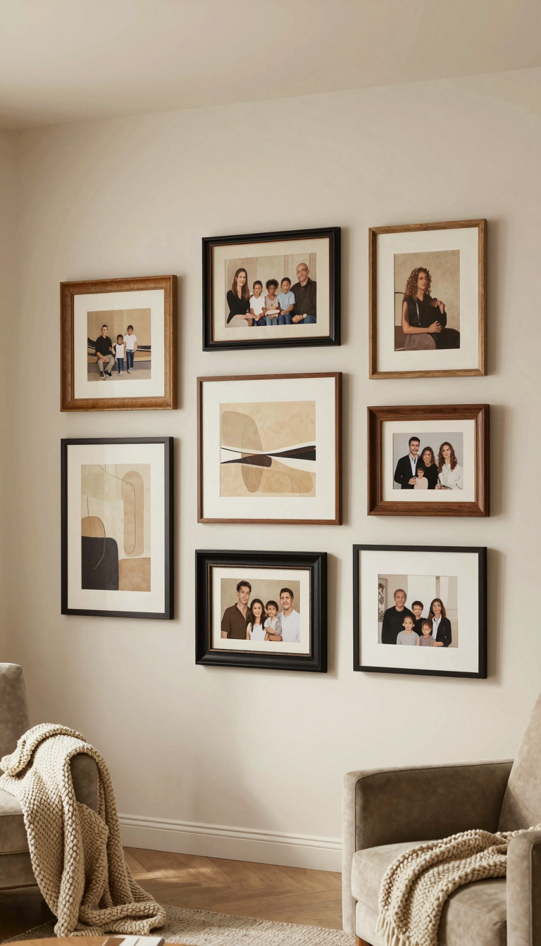 Gallery wall with mixed frames in black and natural wood featuring vintage art and family photos
