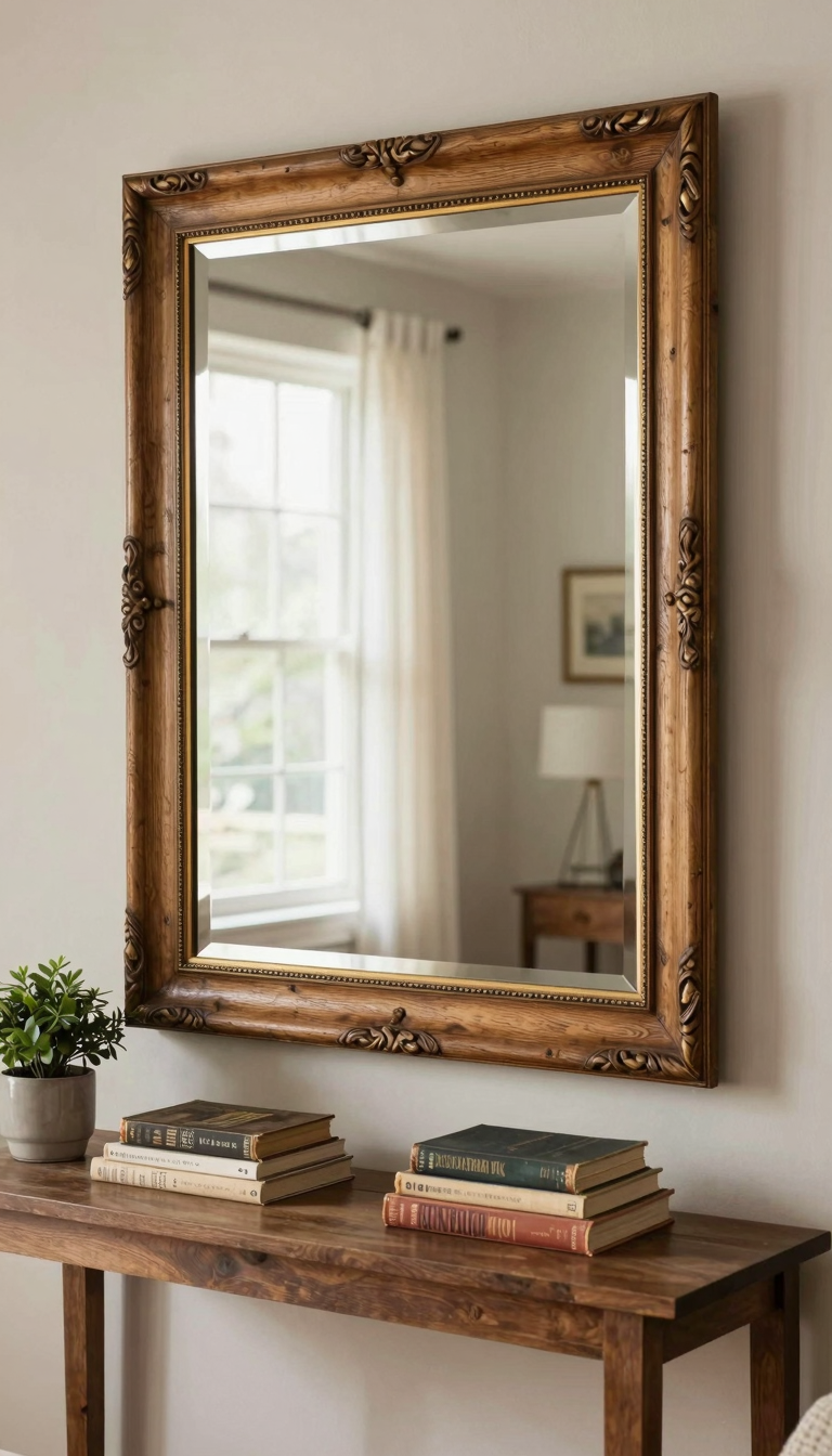 Large mirror with a gold leaf frame hung above a console table in a bright living room