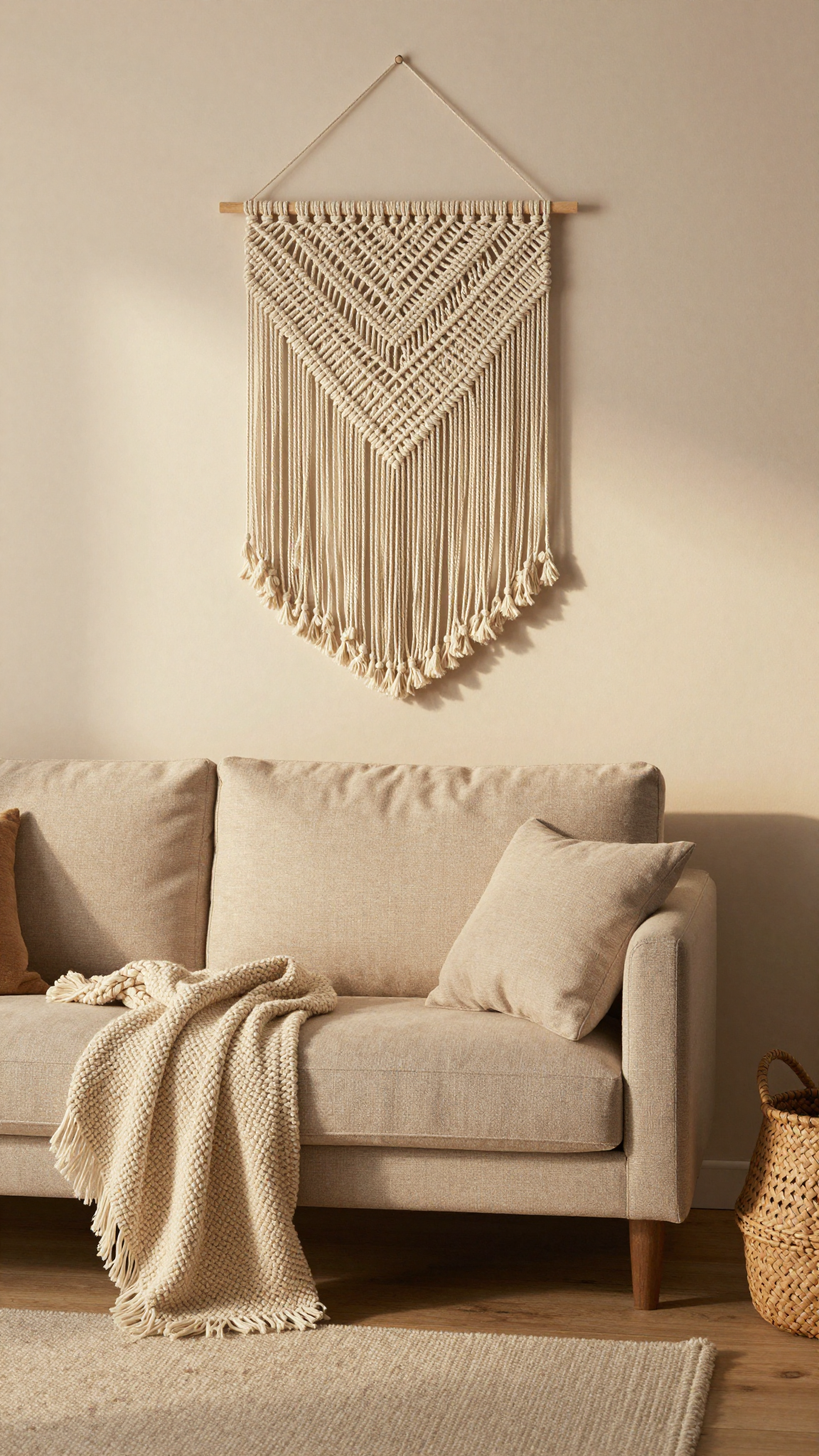 Macramé wall hanging in natural cotton cord hung above a sofa in a cozy living room
