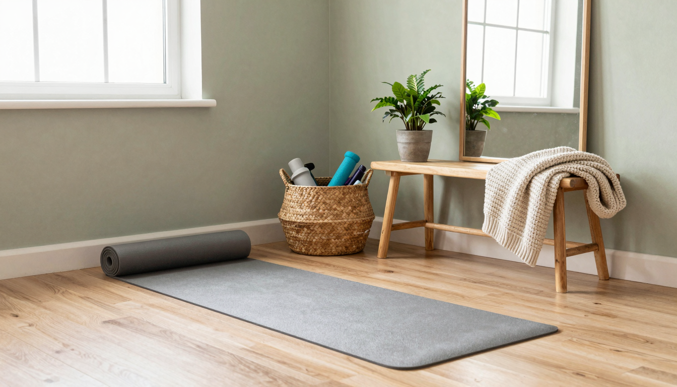 Cozy home gym corner with warm lighting, wooden floors, and a knit throw draped over a bench