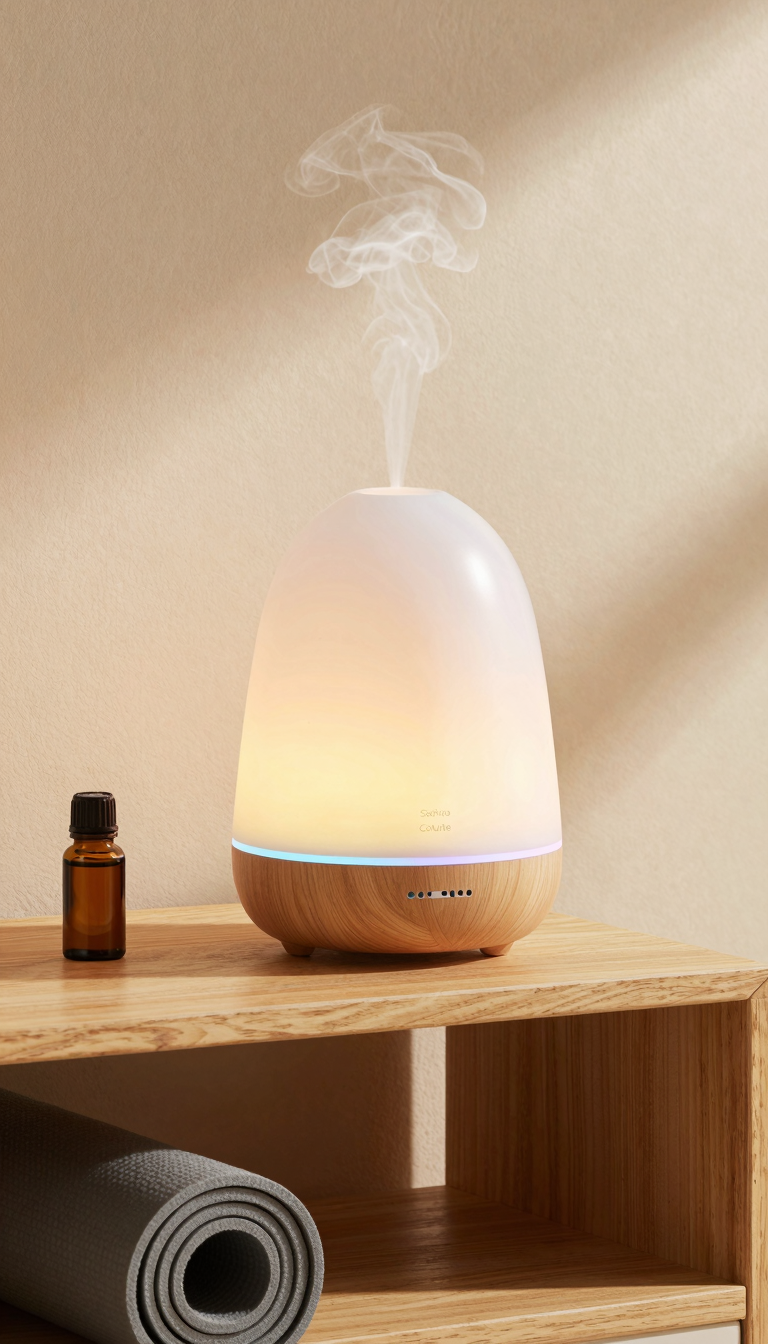 Aromatherapy diffuser with essential oils in a cozy home gym