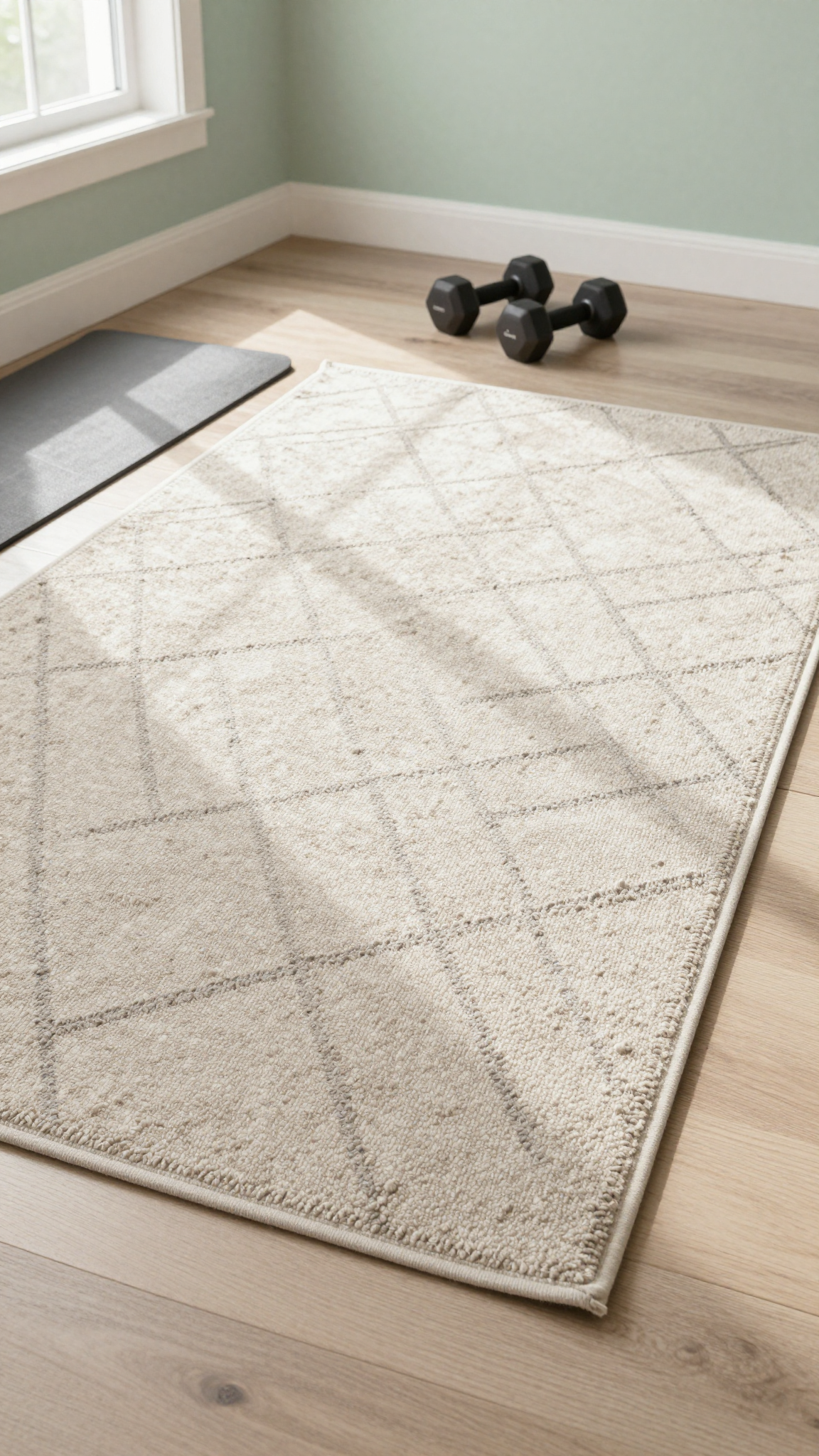 Textured area rug under a yoga mat and dumbbells in a bright home gym