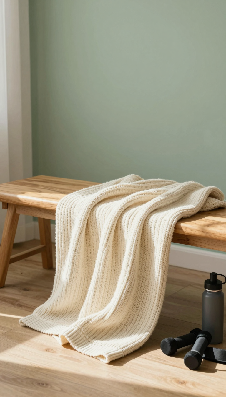 Chunky knit throw blanket draped over a wooden gym bench in a cozy home gym
