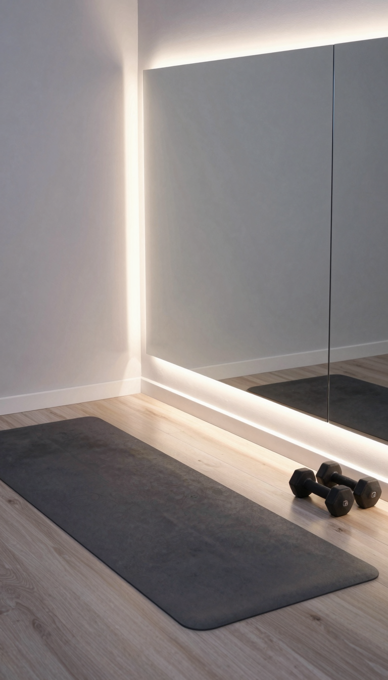 LED strip lights illuminating a home gym with a yoga mat and dumbbells