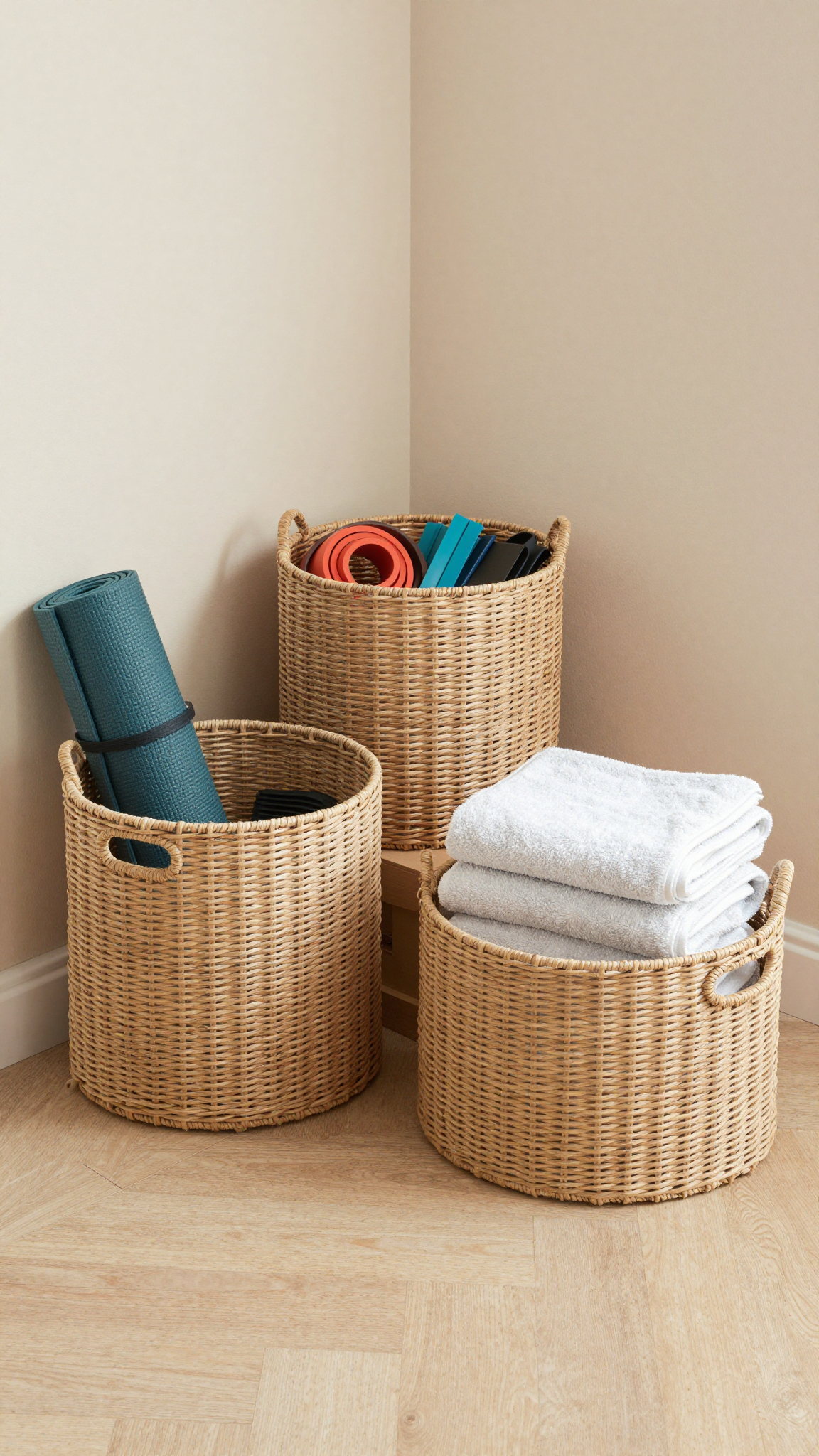 Woven storage baskets holding yoga mats, resistance bands, and towels in a home gym
