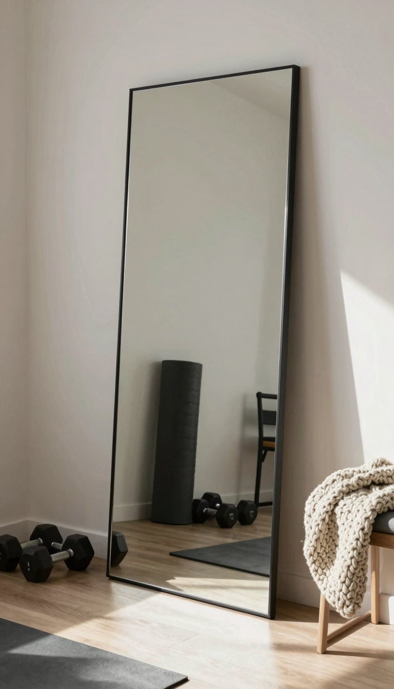 Large floor mirror reflecting a home gym setup with a yoga mat and dumbbells