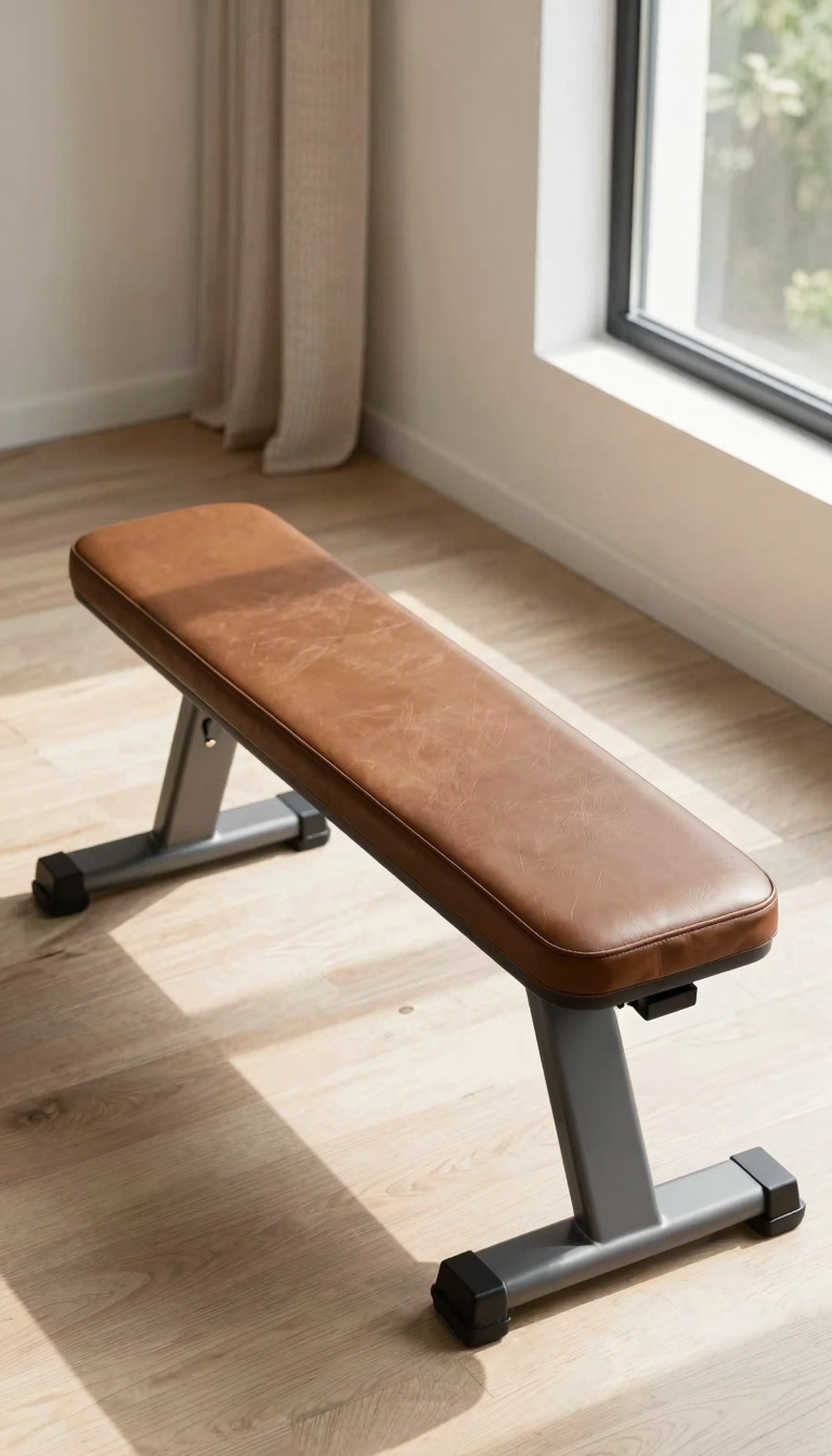 Faux leather gym bench cover on a bench in a bright home gym