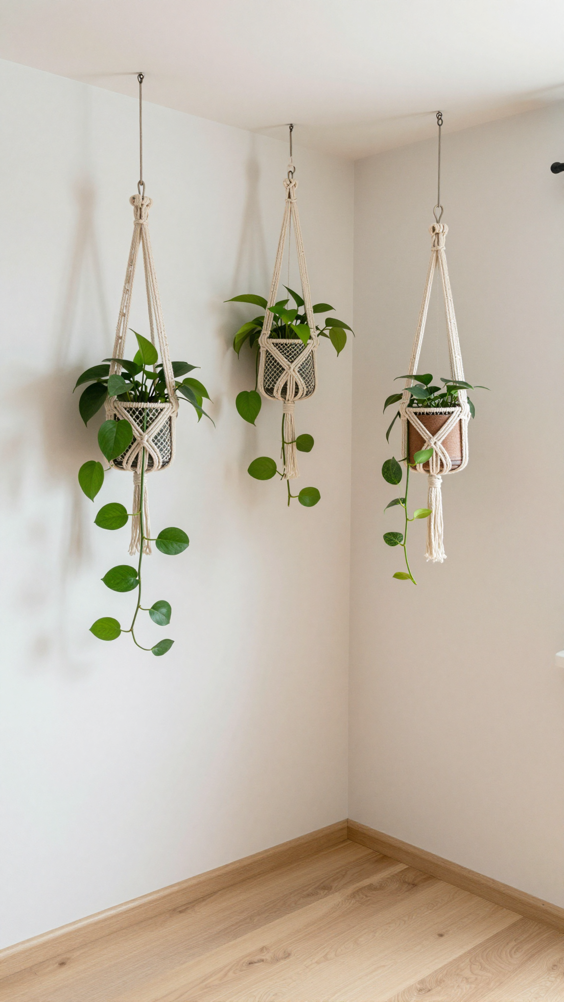 Hanging pothos plants in macramé holders in a bright home gym