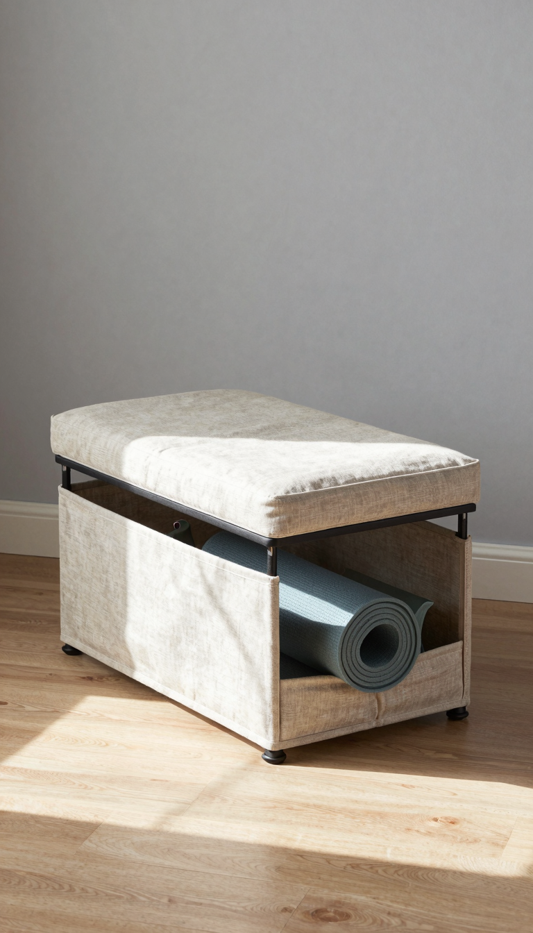Foldable storage ottoman with hidden compartment in a home gym