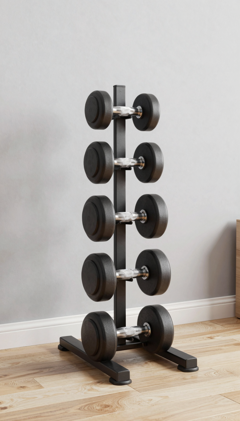 Adjustable dumbbell rack holding a set of weights in a tidy home gym