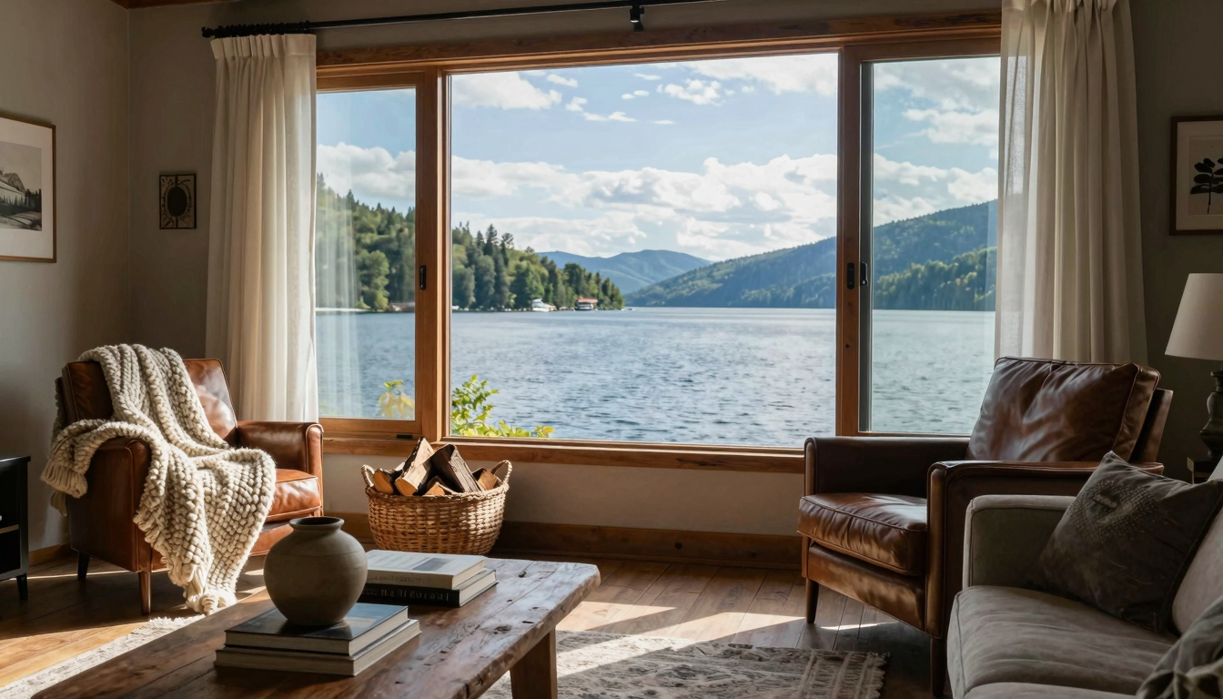 Cozy lake house living room with large windows, leather armchair, and textured throw blankets