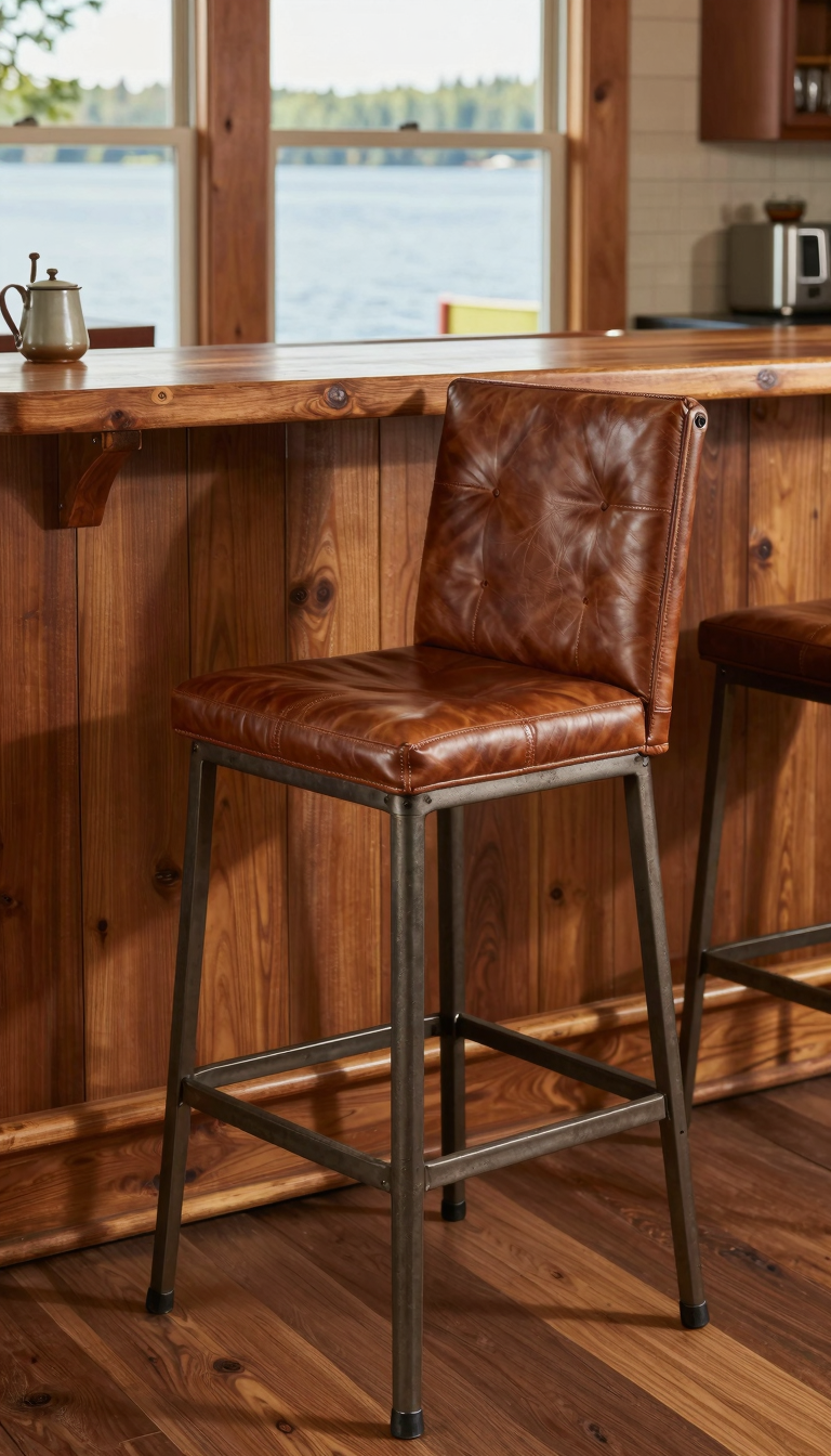 Leather bar stools at a wooden bar in a lake house kitchen