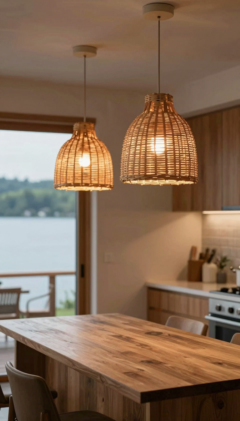 Woven pendant lights hanging over a wooden kitchen island in a lake house