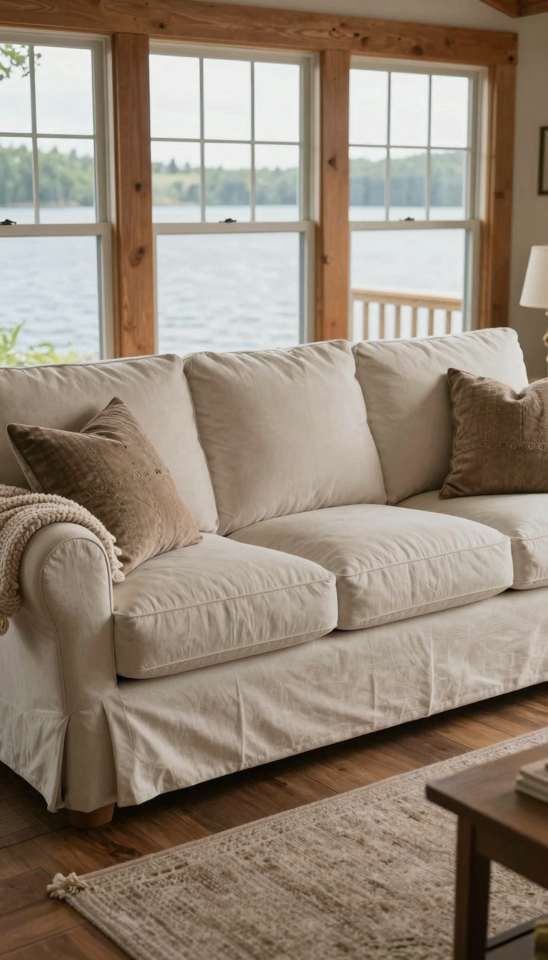 Slipcovered sofa in a lake house living room with throw pillows and a knit blanket