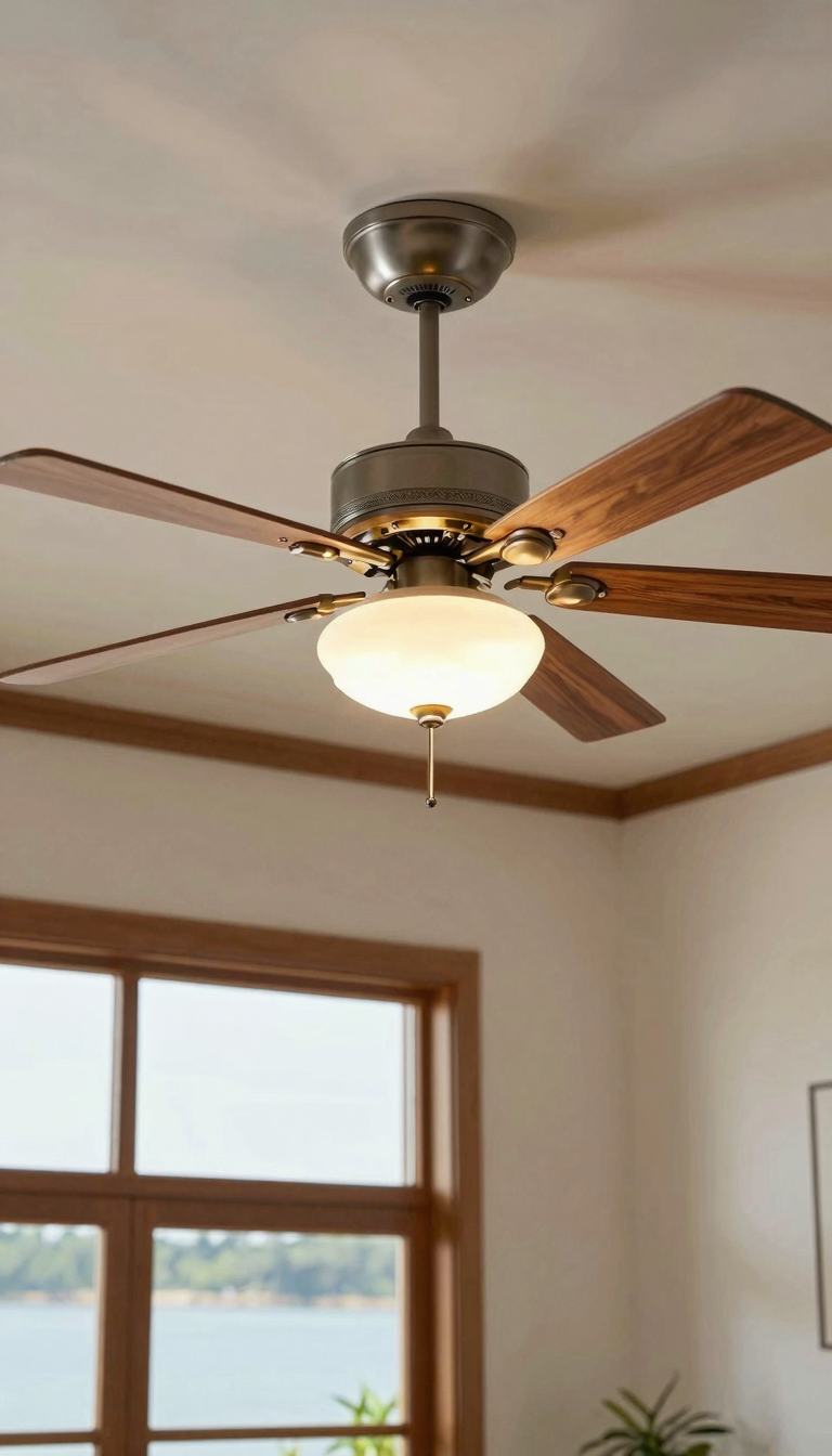 Wooden ceiling fan with light in a lake house bedroom