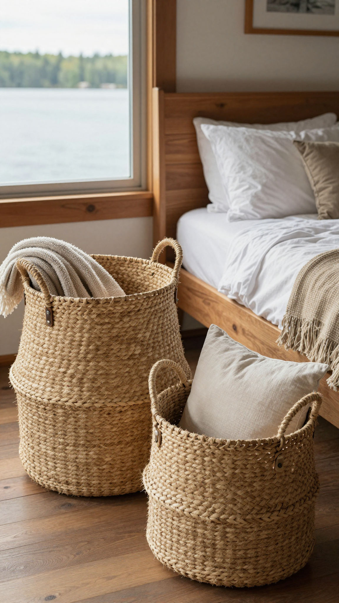 Woven storage baskets in a lake house bedroom holding blankets and pillows