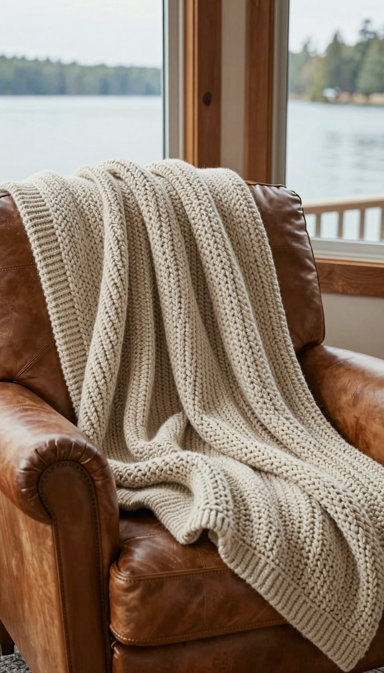 Chunky knit throw blanket draped over a leather armchair in a lake house living room