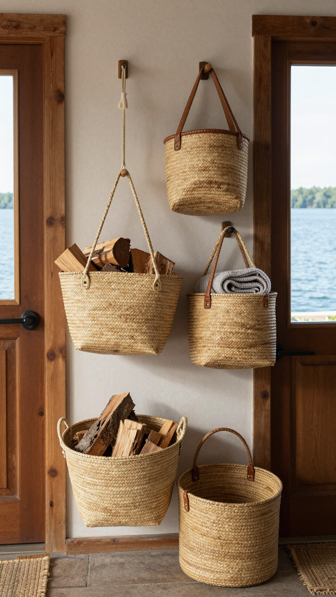 Woven wall baskets hanging in a lake house entryway, holding firewood and blankets