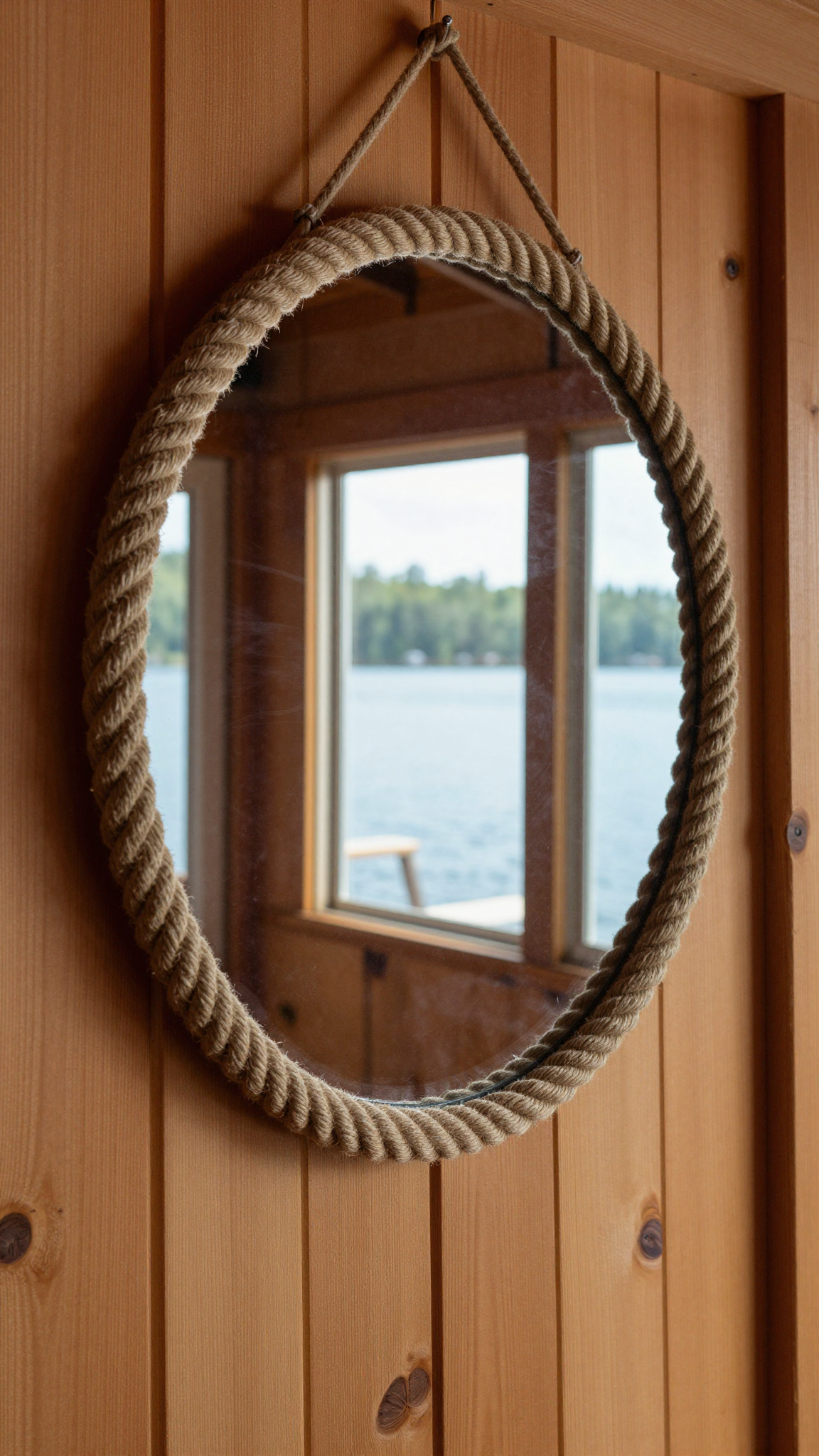 Nautical rope mirror hanging on a wooden wall in a lake house hallway