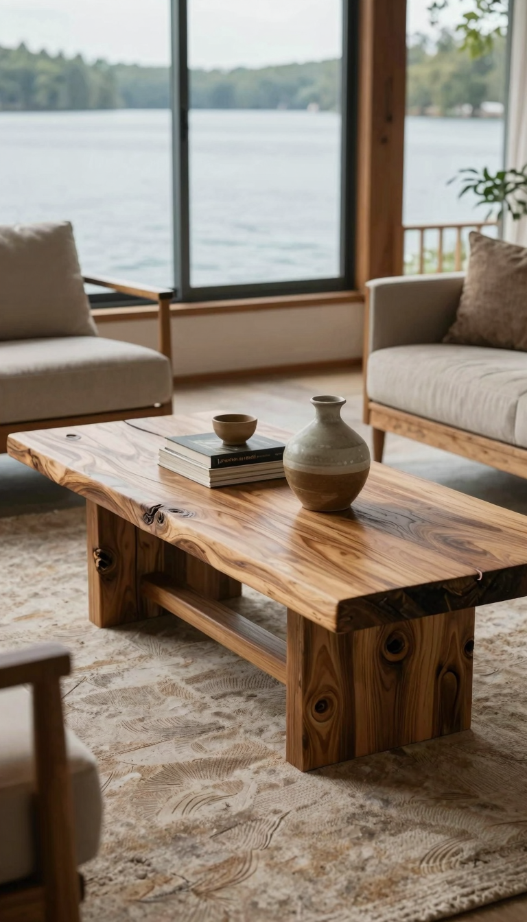 Reclaimed wood coffee table with live edge design in a lake house living room