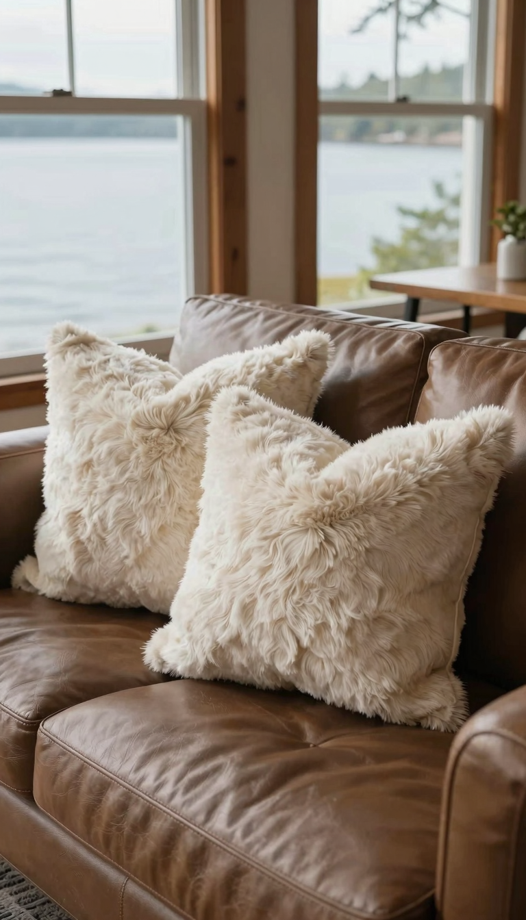 Faux fur accent pillows on a leather couch in a lake house living room