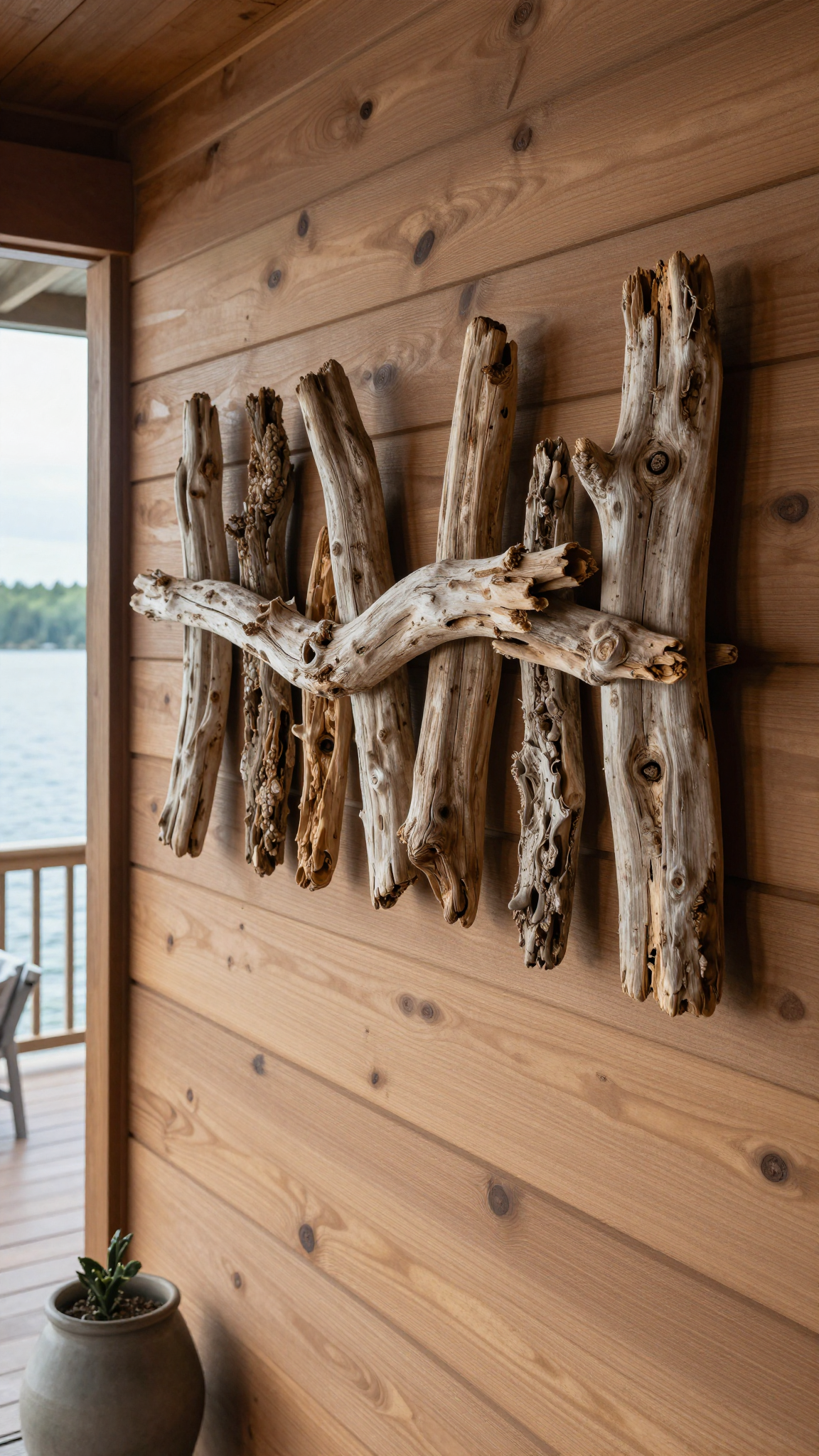 Driftwood wall art hanging in a lake house living room