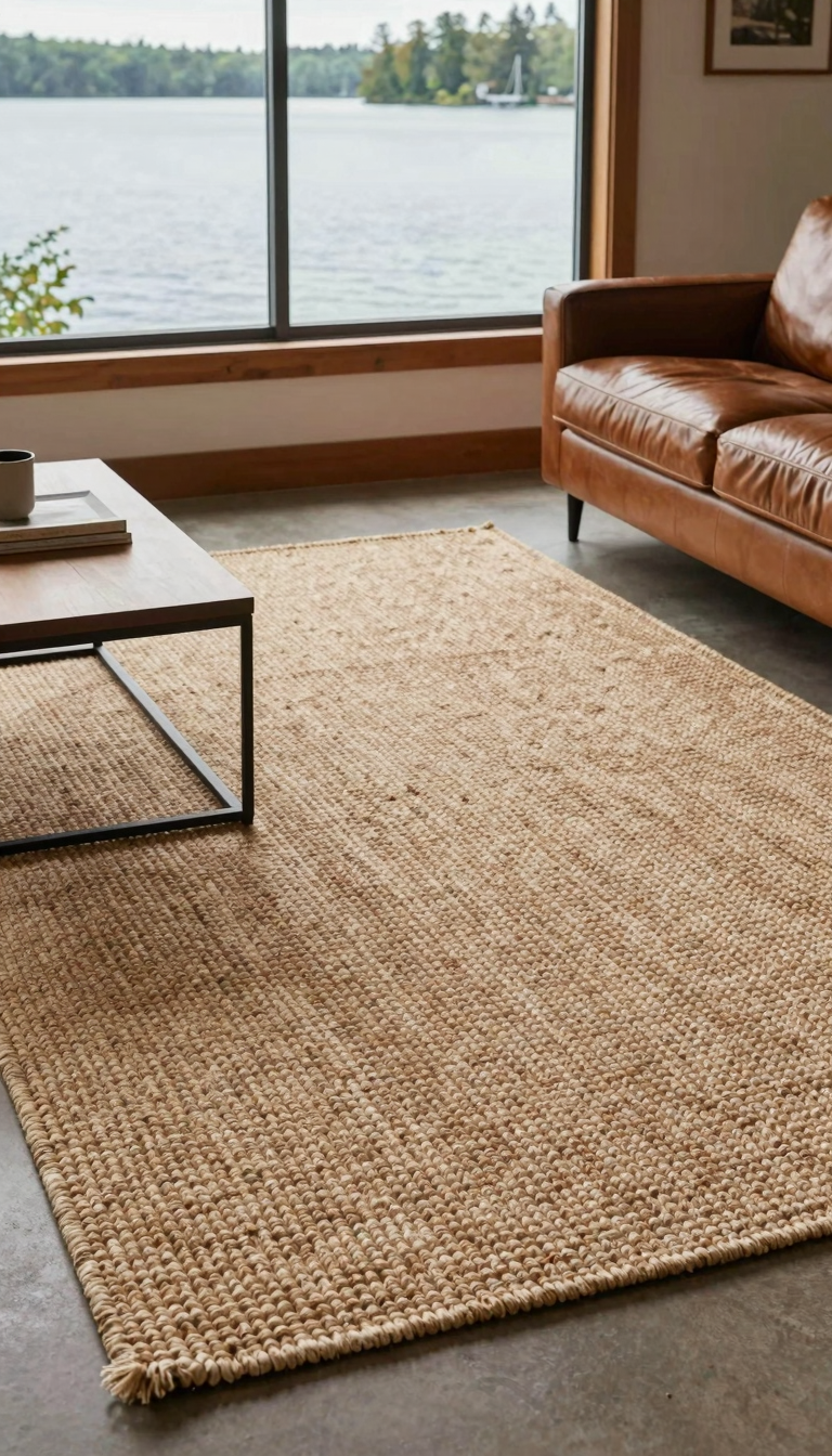 Jute area rug in a lake house living room under a leather couch