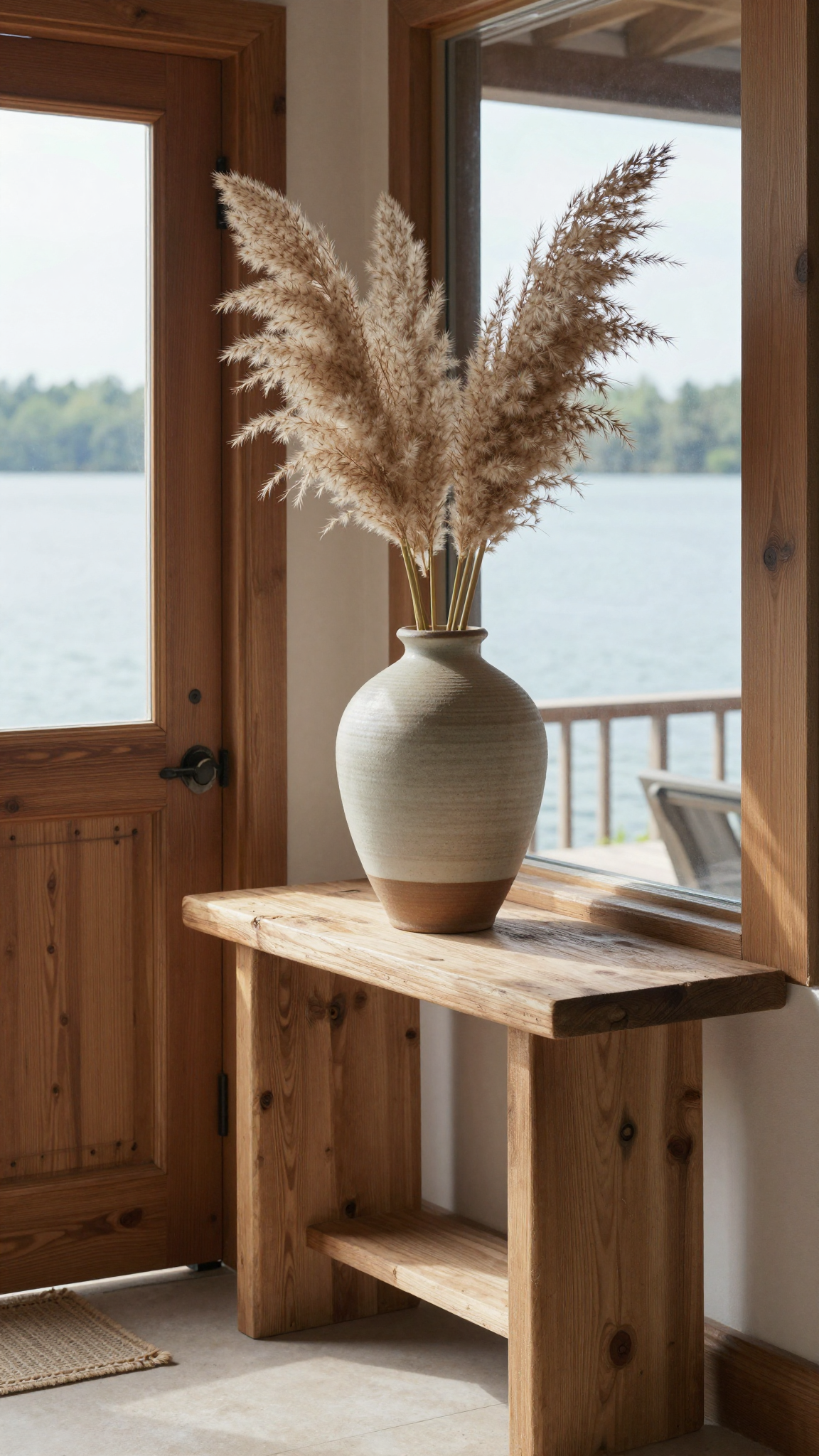 Ceramic vase with dried pampas grass on a wooden console table in a lake house entryway