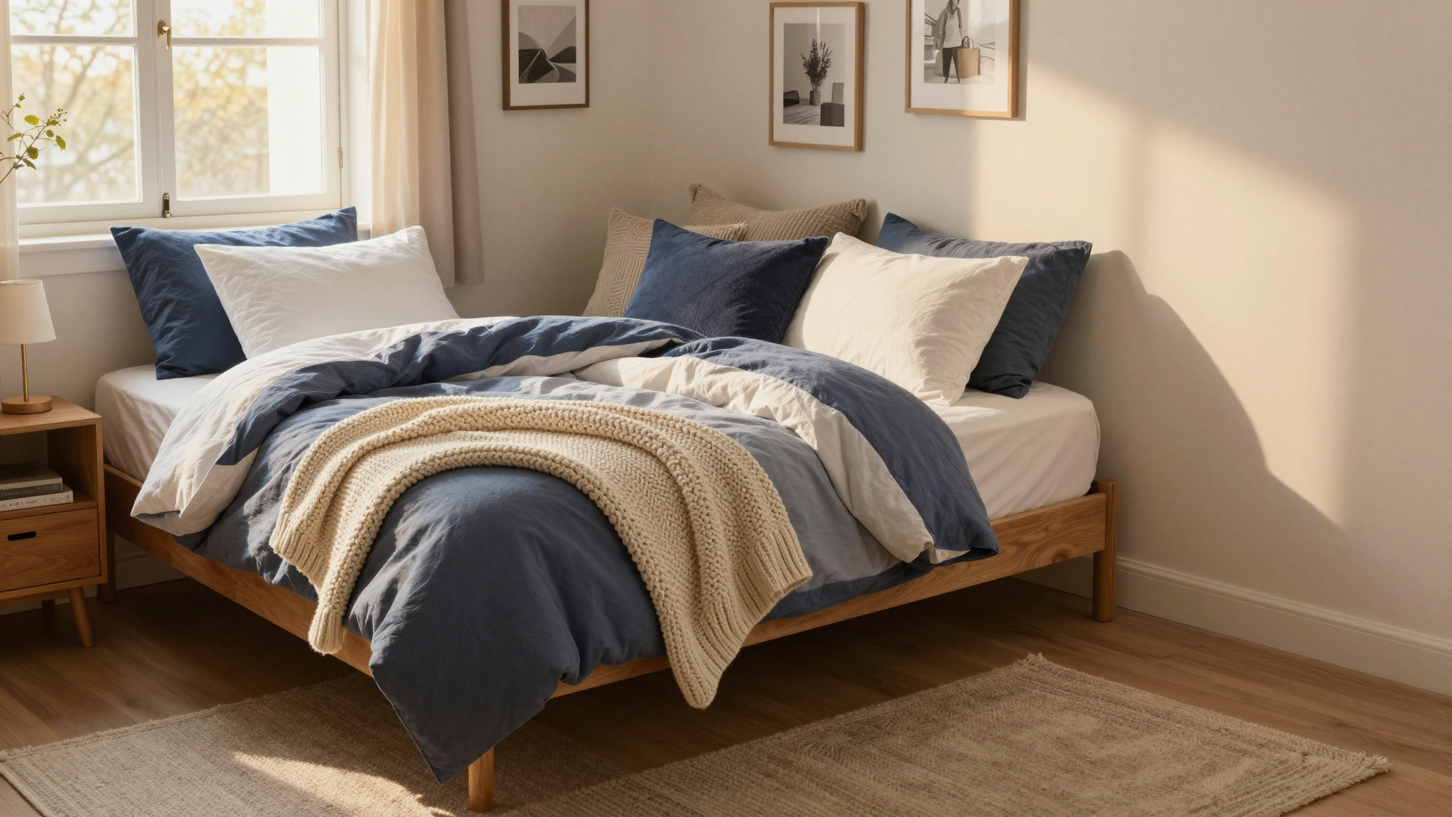 Cozy dorm room with a twin bed featuring navy blue and white bedding, a chunky knit throw, warm lighting, and a small nightstand with a lamp