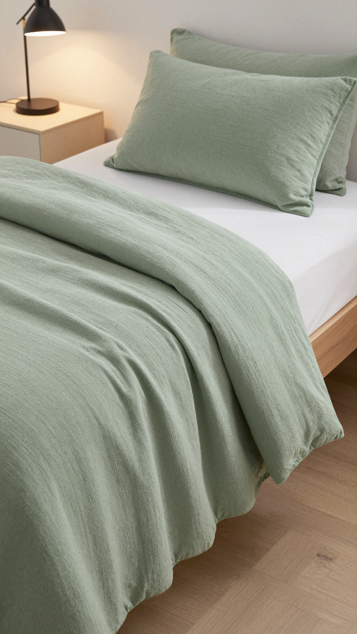 Bedsure chenille bedspread in sage green draped over a twin dorm bed